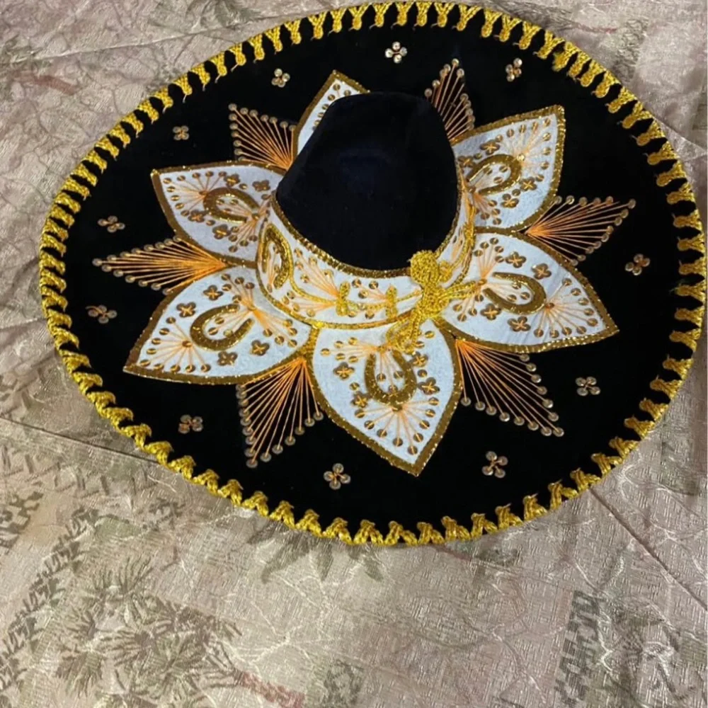 Black Velvet Mexican Sombrero with Gold & White Embroidery